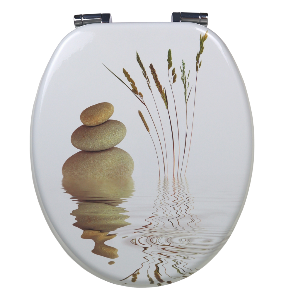 sedile wc copriwater con immagine fotografica pietra con riflessi in acqua